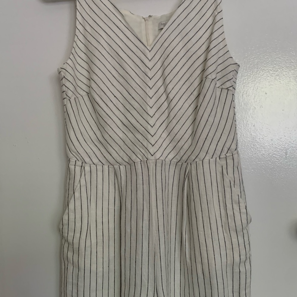 Linen blend pinstripe jumpsuit by Rachel Zoe. V-neck with pockets.